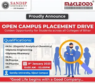 ITI & Diploma, Graduates Jobs Openings in Macleods Pharmaceuticals Ltd - Campus Plcement at Sandip University Campus Sijoup,Madhubani, Bihar