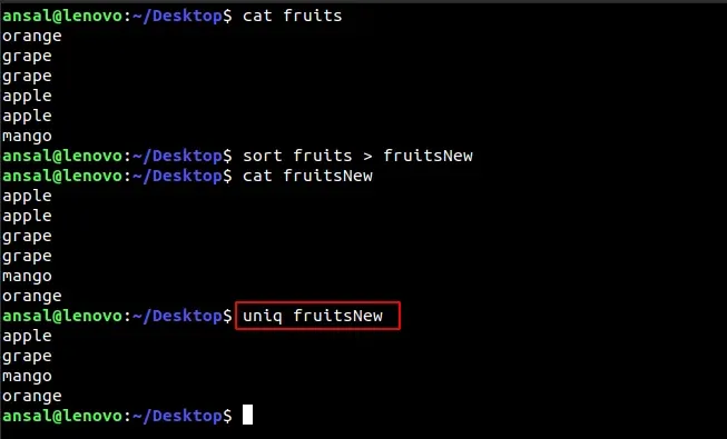 uniq command to display unique lines
