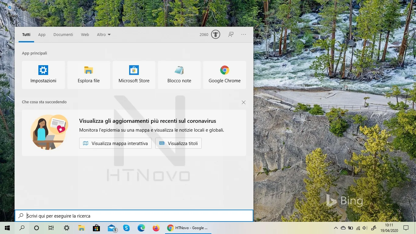 Ricerca Windows in Windows 10 con tasti info Coronavirus