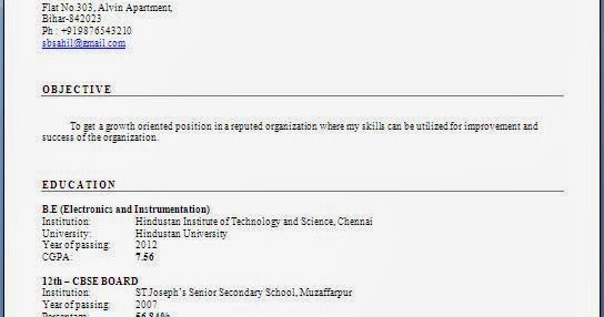 Resume Format Resume Format Download For Engineering Freshers