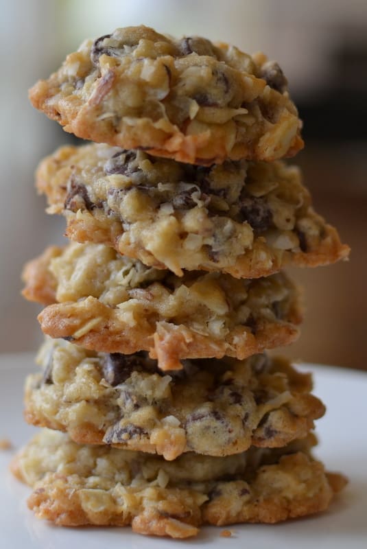 These Small Batch Almond Joy Cookies are the perfect blend of coconut, semi sweet chocolate and sliced almonds.  They can be baked and frozen ahead of time.