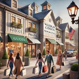 Woodbury Common Premium Outlets, showcasing a shopping area with designer storefronts like Gucci, Prada, and Burberry