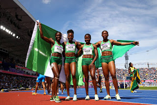 Nigeria's Women's 4×100m relay team - Tobi Amusan, Favour Ofili, Rosemary Chukwu and Nzubechi Grace Nwokocha win Gold at the 2022 Commonwealth Games in Birmingham, England