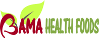 Logo for Bama Health Foods featuring their name and a green leaf