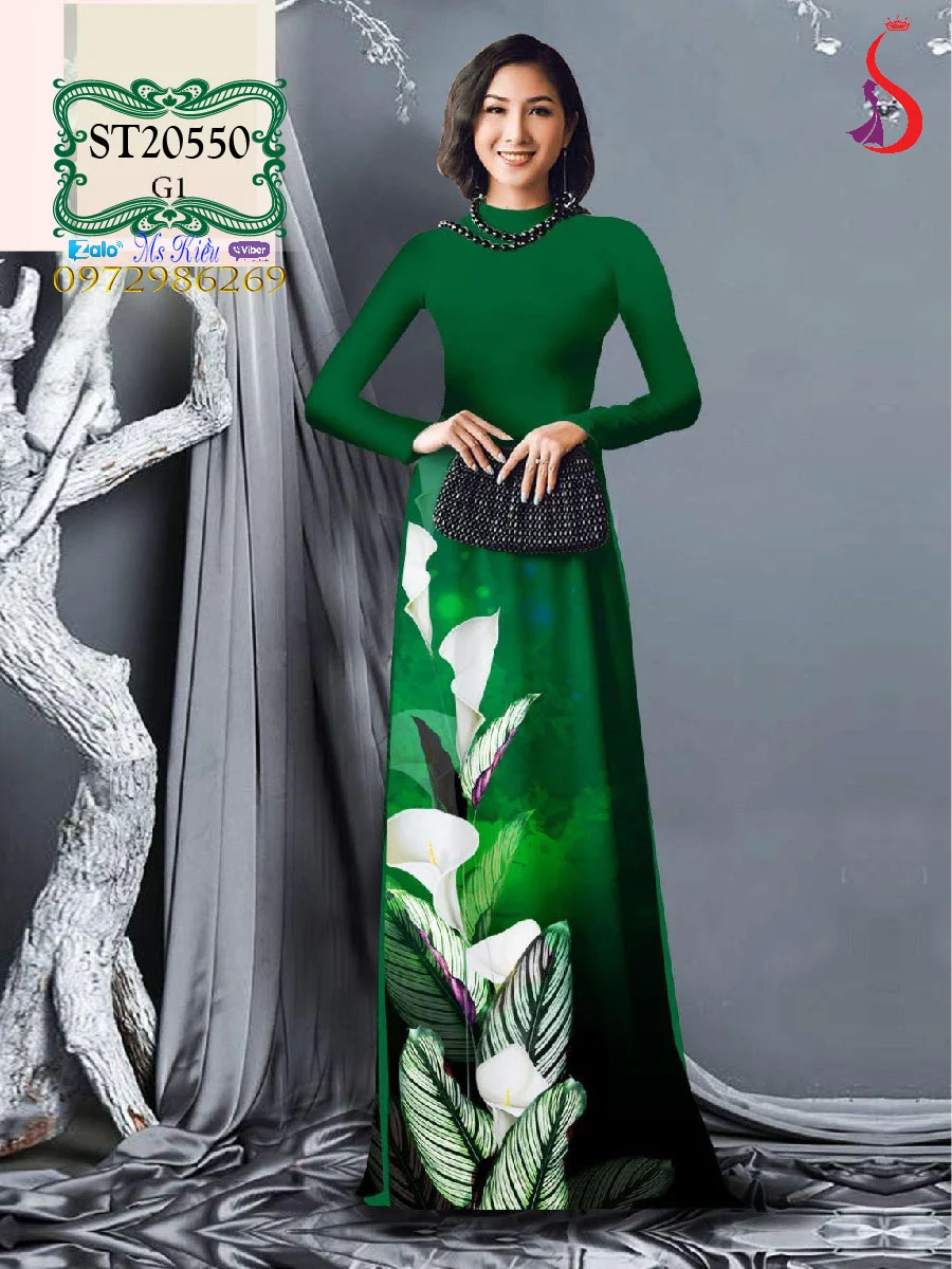 Thời trang Áo dài hoa loa kèn Việt Nam đẹp thanh lịch trẻ trung ST550558