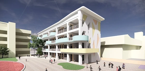▲新港國小北棟教室拆除重建，規劃興建4層樓建築，將提供16間全新教室，內部設計採流線型外推式露台，並墊高建築體，不僅解決下大雨易淹水的問題，也提升空間安全與實用性。（彰化縣政府提供）