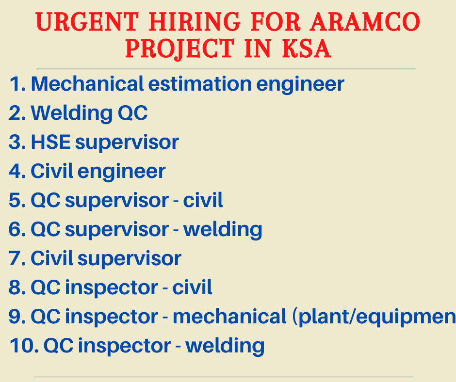 Urgent hiring for Aramco project in KSA