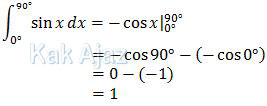 Int sin x dengan batas integrasi 0 dan 90 derajat