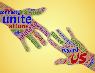 hands reaching for each other, with words like unite, connect, attune,include 