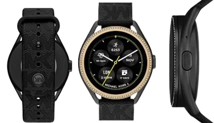 A picture of Michael Kors Gen 5E Women's Smartwatch from three angles, front, back and side