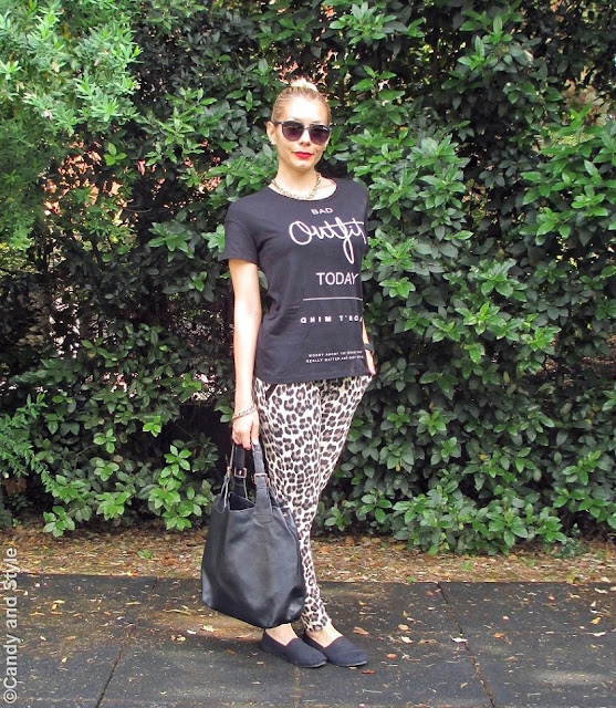 BlackTee+LeopardJoggers+SlipOns+ToteBag+TopKnot+RedLips - Lilli Candy and Style Fashion Blog