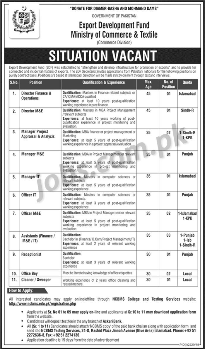 Pakistan Ministry of Commerce & Textile Jobs 2018 for 16+ Admin, IT, Finance, M&E, Office, Management & Support Staff