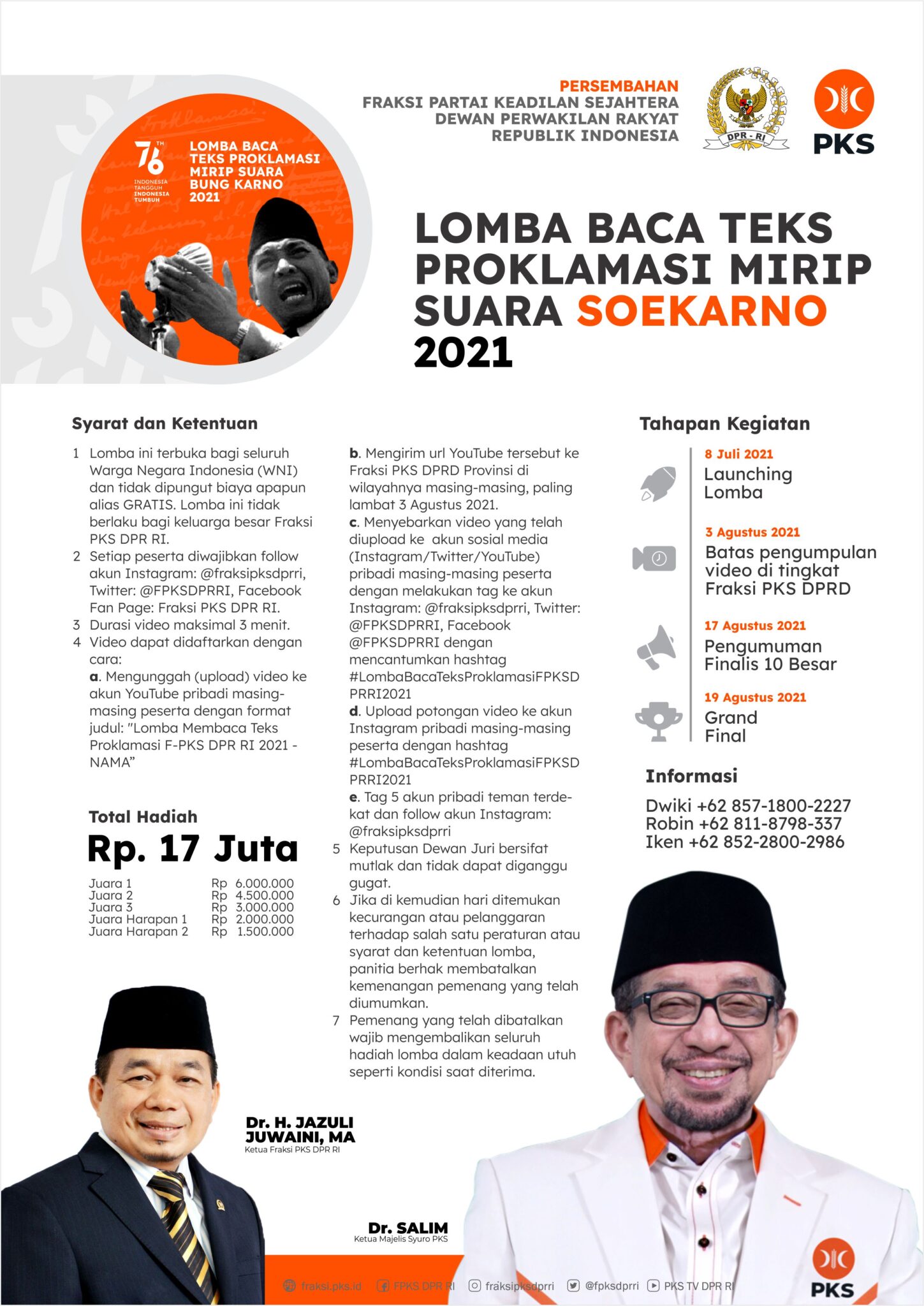 Lomba Baca Teks Proklamasi Mirip Suara Soekarno Berhadiah Uang Tunai Total 17 Juta Rupiah oleh PKS