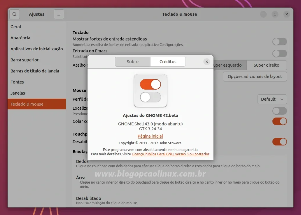 GNOME Tweaks executando no Ubuntu 22.10 (Kinetic Kudu)