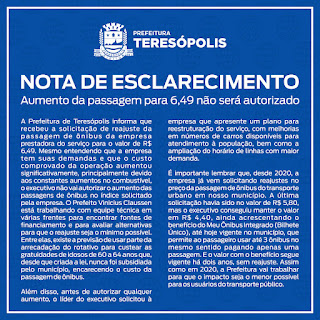 Nota de esclarecimento - Aumento da passagem para 6,49 não será autorizado