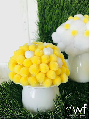 spring,crafting,home decor,colorful home,DIY,diy decorating,dollar store crafts,up-cycling,re-purposing,just for fun,spring home decor,spring mushrooms,mushrooms,pom pom crafts, pom pom mushrooms,pom pom projects,tutorial.