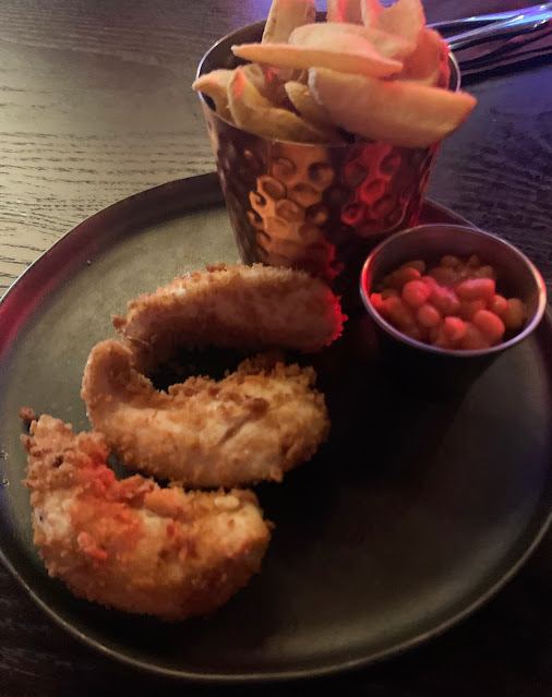 Kids chicken strips fries and bean meal