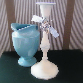 shabby chic vintage jeweled ivory creme candlestick holder blue creamer