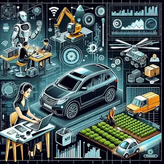 امرأة تستخدم جهاز الكمبيوتر في مكتبها، بينما تظهر سيارة ذاتية القيادة وأشجار خضراء وشاحنات وأجهزة ومعدات في الخلفية. الصورة تم إنشاؤها بواسطة الذكاء الاصطناعي لتمثيل تأثير التكنولوجيا على الوظائف والعمل في المستقبل."