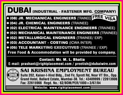 Dubai Industrial Fastener MFg co Job Vacancies - Free Visa