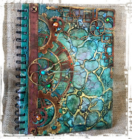 Mixed Media journal cover by Gabrielle Pollacco using Dusty Attic Chipboard and The Crafter's Workshop Stencils, Organic Matter