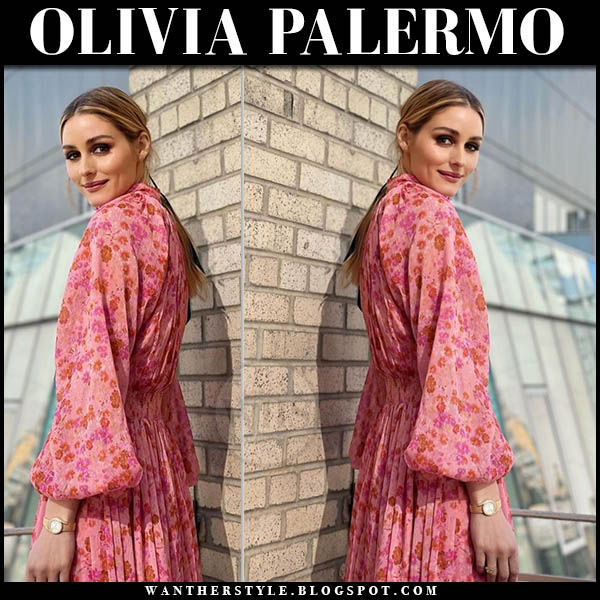 Olivia Palermo in pink floral print long sleeve dress