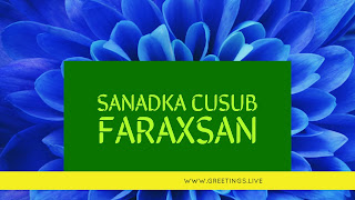 Blue colour flower BG Text in green and yellow combinations Happy New Year in Somali Language 
