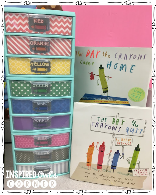 Crayon organizer with link to free labels for small Sterlite container.