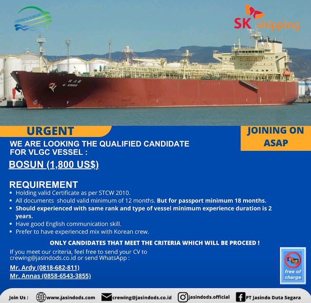 Dibutuhkan Pelaut SK Shipping 1/Eng Bosun Agustus 2023