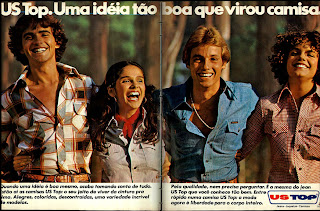 anúncio roupas marca us top de 1977. Anos 70.  Moda anos 70; propaganda anos 70; história da década de 70; reclames anos 70; brazil in the 70s; Oswaldo Hernandez 