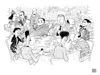 The Algonquin Round Table in caricature by Al Hirschfeld. Seated at the table, clockwise from left: Dorothy Parker, Robert Benchley, Alexander Woollcott, Heywood Broun, Marc Connelly, Franklin P. Adams, Edna Ferber, George S. Kaufman, Robert Sherwood. In back from left to right: frequent Algonquin guests Lynn Fontanne and Alfred Lunt, Vanity Fair editor Frank Crowninshield and Frank Case.