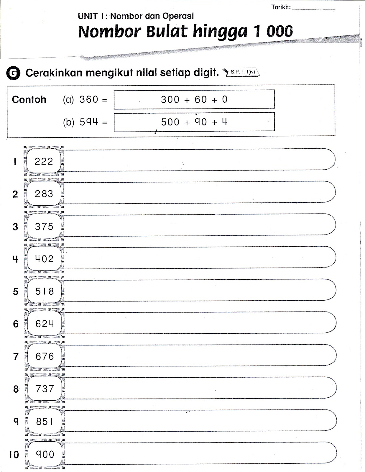 SUDUT MATEMATIK: Lembaran Kerja 2 ( Nombor Bulat Hingga 1000 )