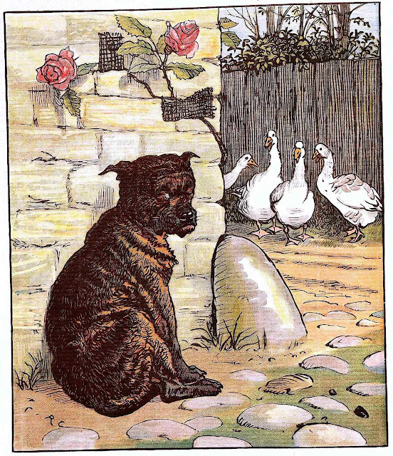 a Randolph Caldecott children's book illustration of an ugly dog