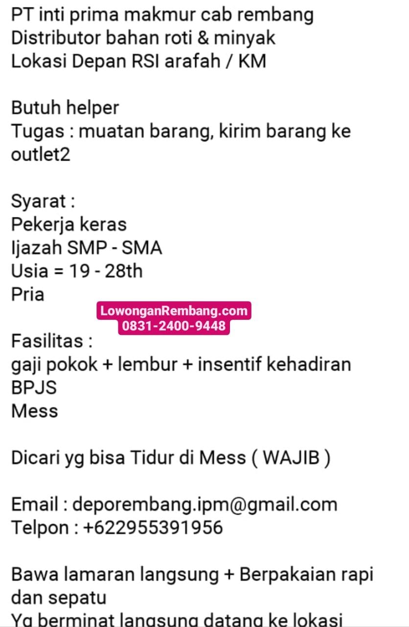 Lowongan Kerja Helper Pt Inti Prima Makmur Rembang Lowongan Rembang