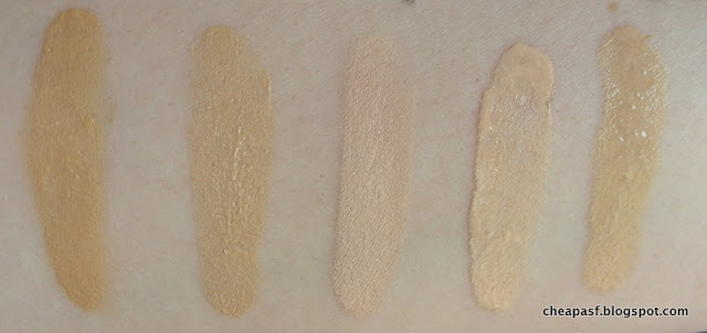 Swatches (left to right): Paula's Choice Barely There Tint in Shade 2, Paula's Choice Barely There Tint in Shade 2, Revlon Colorstay Foundation in Ivory, Paula's Choice Best Face Forward Foundation in Best Bisque, Paula's Choice Best Face Forward Foundation in Best Linen