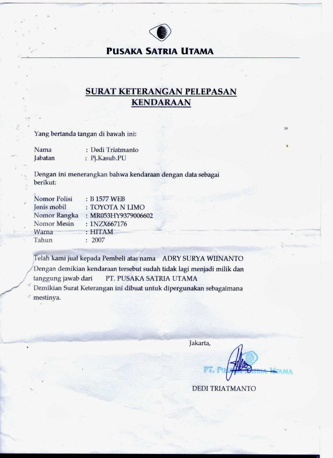 Contoh Surat Pelepasan Kendaraan Atas Nama Perusahaan 