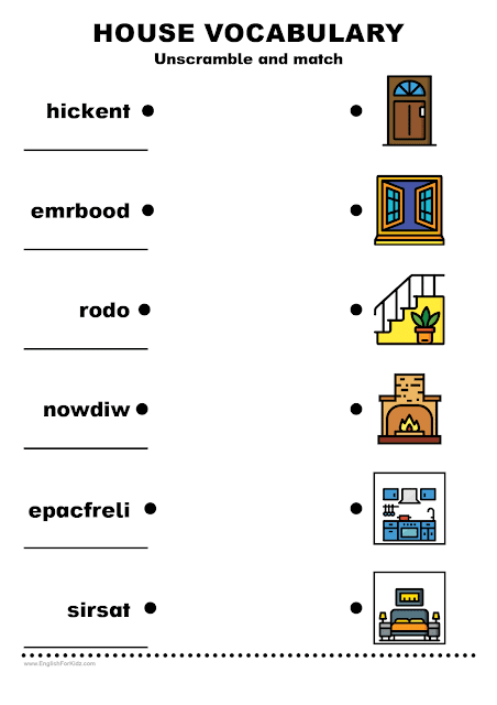 House vocabulary worksheet - unscramble words and match to pictures