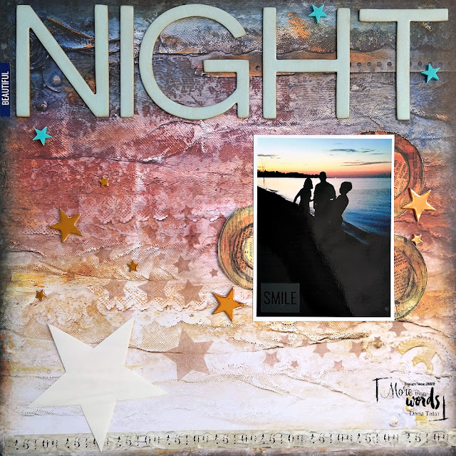 Starry Night Scrapbook Layout with Large Chipboard Title and Shadow Photo