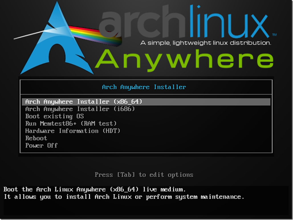 install arch linux using arch anywhere 1