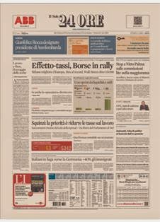 Il Sole 24 Ore del 8 Maggio 2013 | ISSN 0391-786X | PDF HQ | Quotidiano | Economia | Finanza | Politica
Il Sole 24 Ore è il quotidiano economico più venduto tra quelli pubblicati in Italia e il terzo giornale d'informazione più venduto nel paese dopo il Corriere della Sera e La Repubblica.
La testata nacque il 9 novembre 1965 dalla fusione di due quotidiani: Il Sole, fondato nel 1865, e 24 Ore, nato nel 1946.