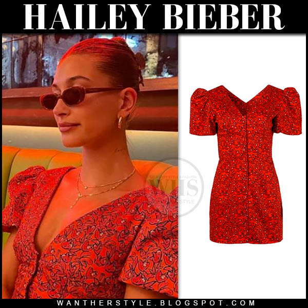 Hailey Bieber in red dress and sunglasses