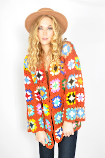 Vintage 1970's multi-colored granny square knit bell sleeved cardigan