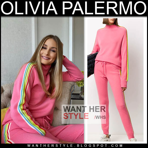 Olivia Palermo in pink rainbow stripe sweatpants and sweater
