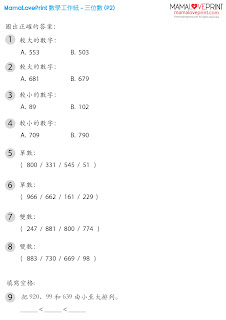 MamaLovePrint . 小二數學工作紙 . 三位數 3-digit Numbers Grade 2 Math Worksheets PDF Free Download