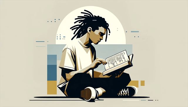 An abstract minimalistic illustration of a casual Japanese man with dreadlocks, deeply engaged in reading and understanding code from a book. The scene is very simplified, focusing on the man with an open book in front of him. The book has abstract representations of code, maybe in the form of simple geometric shapes or lines. The man's posture and expression should reflect concentration and a sense of achievement. The background is extremely sparse, using subtle colors and shapes to convey a sense of calm and focus, highlighting the theme of patient learning and understanding.