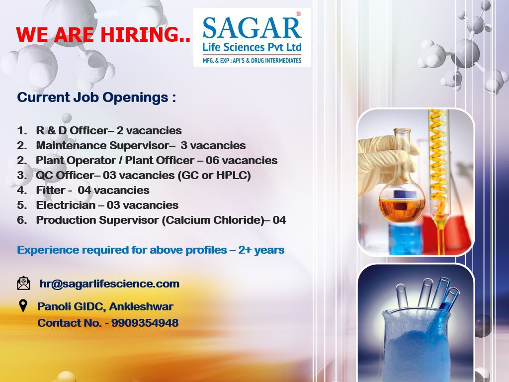 Job Availables,Sagar Life Sciences Job Vacancy For R& D/ QC/ Production/ Maintenance