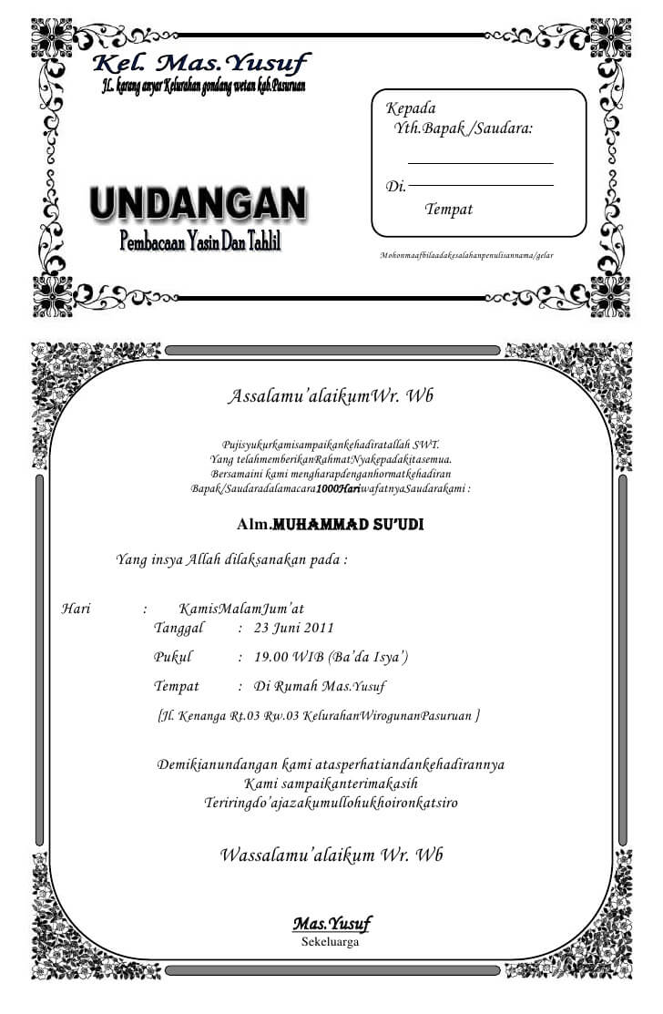  Tahlil ialah salah satu tradisi yang sangat lekat di masyarakat muslim di Indonesia Inilah 7 Contoh Undangan Tahlil / Tahlilan Terlengkap