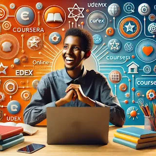 "Somali youth learning online from a laptop, with icons of top learning platforms."