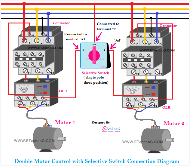 Double Motor Control with Selector switch wiring connection diagram