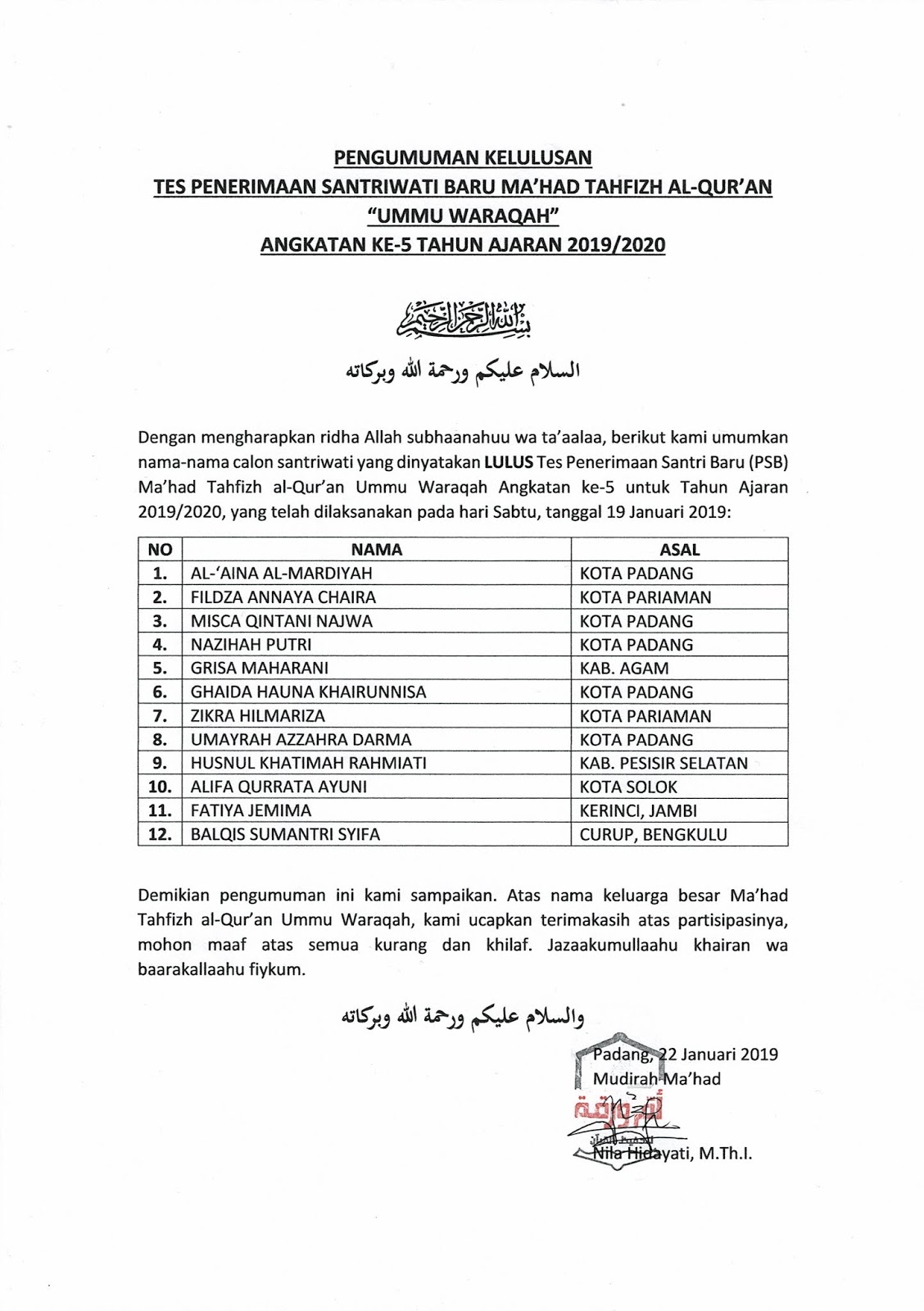 Pengumuman Kelulusan PSB Ma'had Ummu Waraqah T.A. 2019/2020